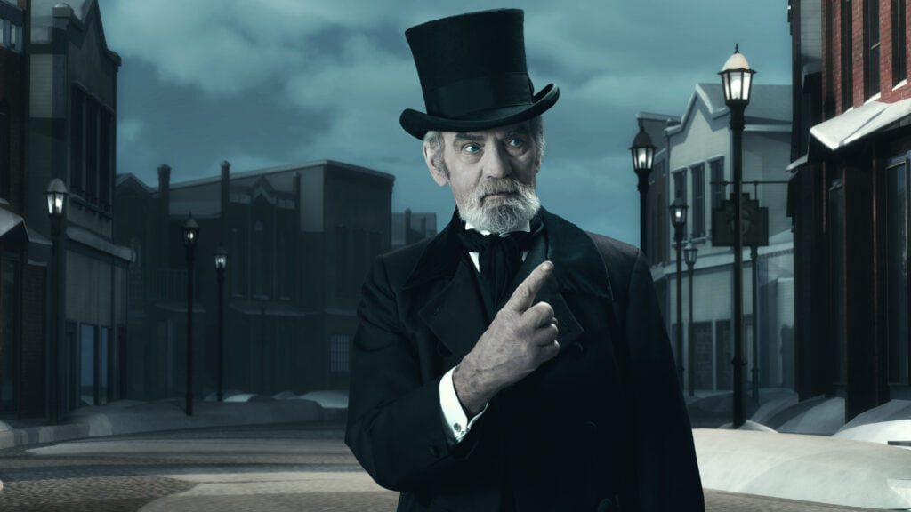 Dickens Scrooge Man in Old Winter Street. Pointing FInger.